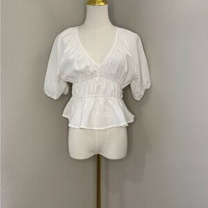 White Peplum Blouse Womens Small V Neck Flutter Sleeve NWT